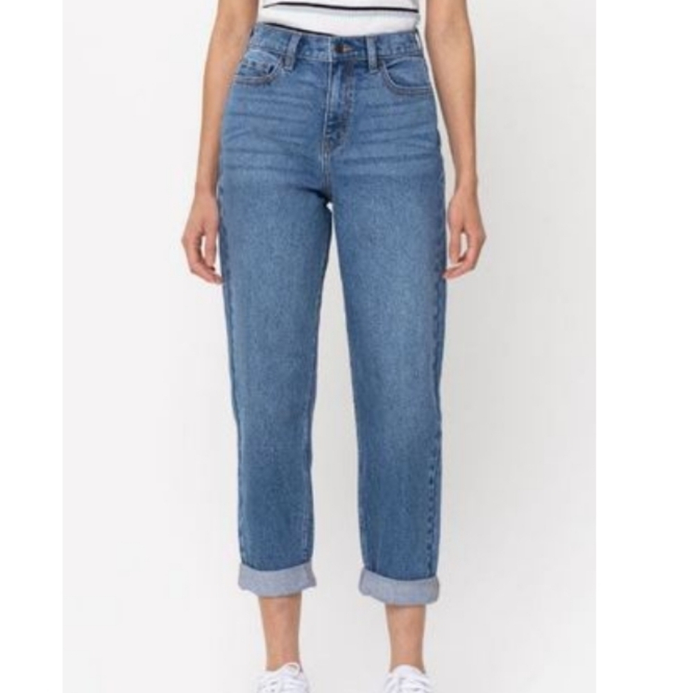 CELLO high-rise double rolled cuff mom‎ jeans in blue Sz 7 / 28